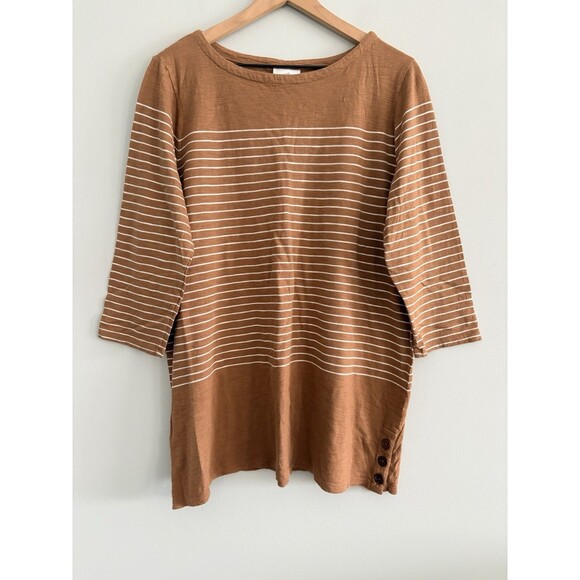 J. Jill Tops - J Jill Top Womens Large Brown White Striped Boat Neck 3/4 Sleeve Tunic Casual